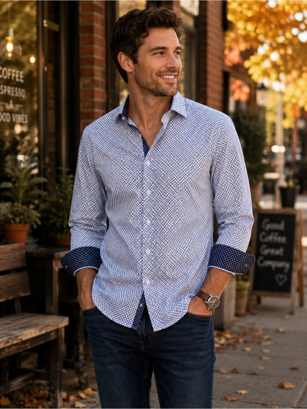 Robert Graham Men’s Large 16 32/33 Blue Geometric Stretch Cotton Flip Cuff Shirt